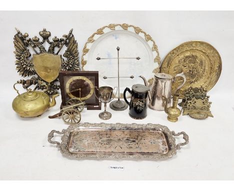 Quantity of assorted metalware and brassware&nbsp;to include mantel clock, two-handled tray, etc (2 boxes)&nbsp;