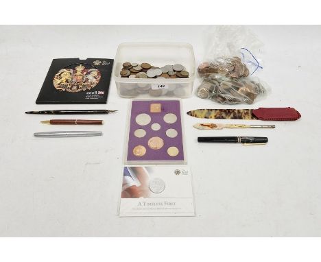 Osmiroid fountain pen, other assorted pens and nibs, a letter opener&nbsp;and a quantity of assorted coins (2 boxes)&nbsp;