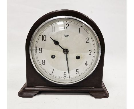 Early 20th century Smiths of Enfield arch-topped mantel clock on stepped base, gong chiming movement housed in bakelite case,