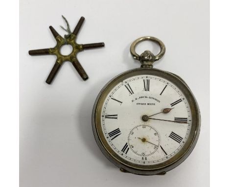 Silver open-faced pocket watch, white enamel dial inscribed 'H E Peck, London', engine-turned, cased and the multi-spoked wat