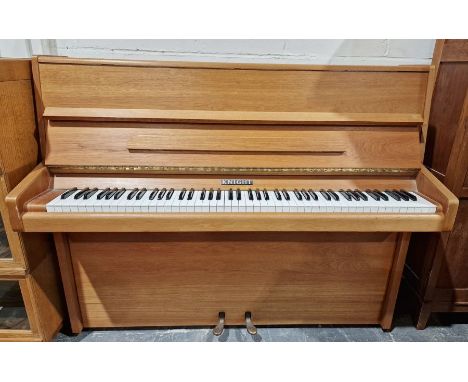 Late 20th century oak upright piano by Knight, measuring approx. 112cm high, 140cm wide, 55cm deepCondition ReportSome light 
