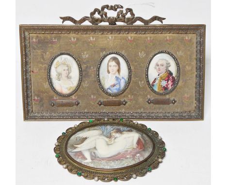 B Vichi (19th century school)Oval painting on ivoryLeda and the swanSigned6.4cm x 8.4cm approx. andThree portrait miniatures 