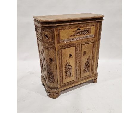 20th century oriental decorated drinks cabinet, with relief carved decoration of figures on a landscape, various cupboards an