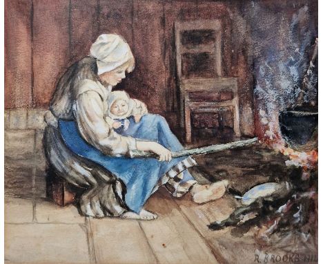 R. BrooksWatercolourMother and child seated in front of fire, signed and dated 1914 lower right, framed and glazed, 18 x 21.5