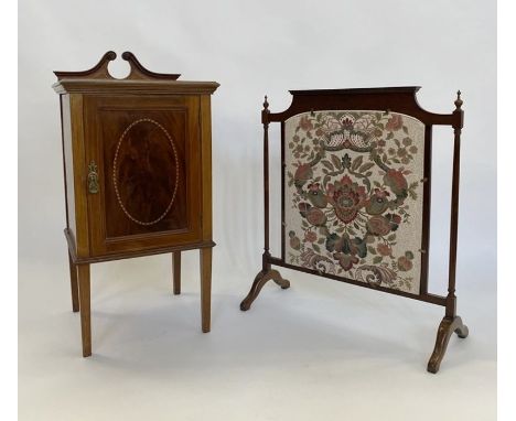 Edwardian inlaid mahogany pot cupboard&nbsp;having double swan neck pediment, framed panel door, all with satinwood and ebony