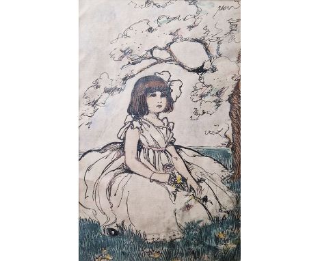 Pen, ink and watercolour drawing, mid twentieth century,&nbsp;of a young girl sitting in a meadow and a pen, ink and illumina