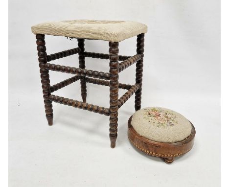 Late 19th / early 20th century mahogany bobbin turned stool united by stretch, with floral upholstery, together with a mahoga