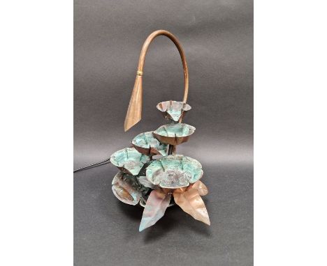 20th century Waterstone copper lily water feature turned table lamp, 37cm high
