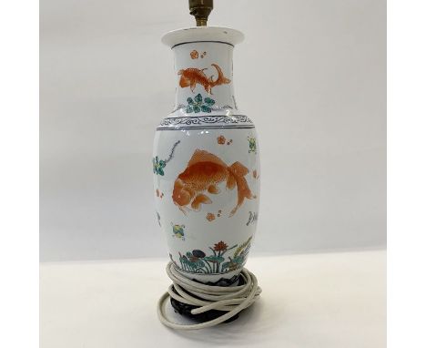 Chinese porcelain vase table lamp&nbsp;of slender ovoid form and painted with cart, in iron red amongst water lilies and seaw