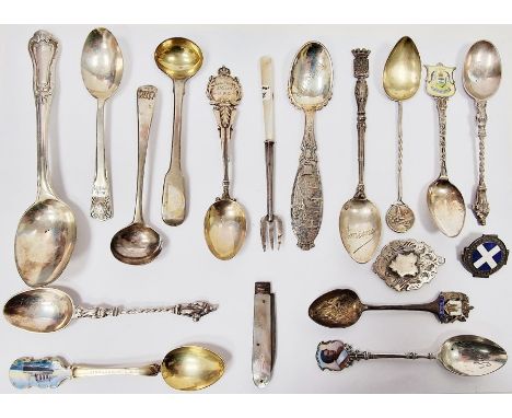 Assorted souvenir and apostle spoons, other spoons, silver and enamel badge 'Registered General Nurse Scotland', etc&nbsp;