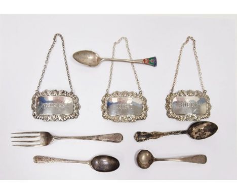 Three 1970s silver decanter labels 'Sherry', 'Port' and 'Whisky', 1ozt approx. in total, a silver and enamel tea spoon 'Winds