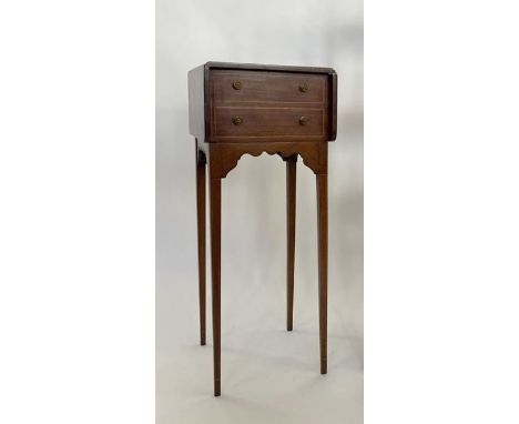 Antique mahogany small cabinet, having two dummy drawers front and back with line inlay and brass knob handles, one drop leaf