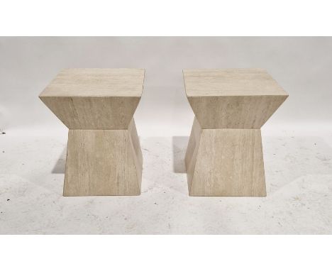Pair of 1980's Travitine angled post-modern side tables, each 49cm high x 40cm wide x 40cm deep approx.&nbsp;Condition Report