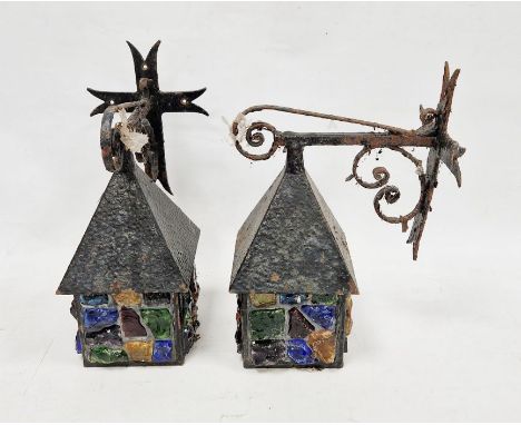 Pair of painted metal and glass lantern light fittings with bracket (2)&nbsp;
