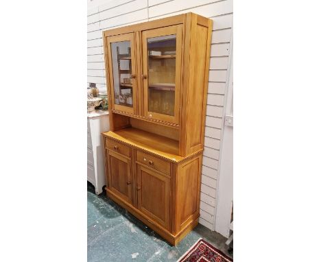 Late 20th century pine glazed dresser&nbsp;with shelf above two drawers and cupboards below, on plinth base, 197cm high x 116