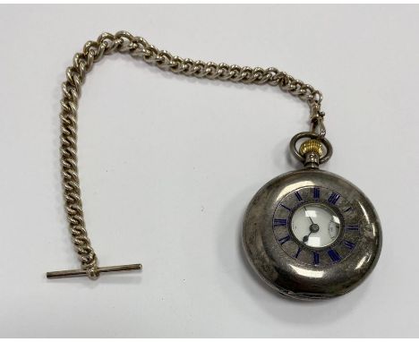 Poyle &amp; Smith London silver half-hunter pocket watch with subsidiary seconds dial, on silver curb-link watch chain, butto