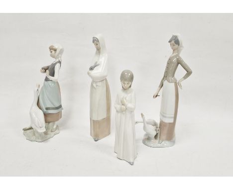 Lladro figurine of a woman with a goose, a Lladro figurine of a woman with two geese, model number 1035, a Nao figurine of a 