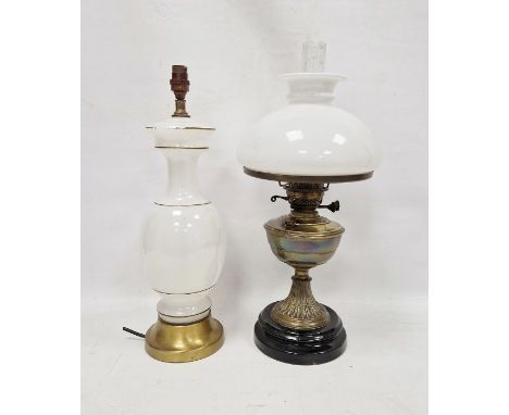 Opaline glass shade oil lamp&nbsp;on circular base and an opaline glass table lamp&nbsp;(2)&nbsp;