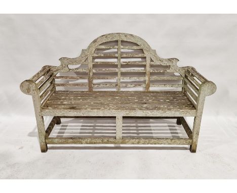 Teak Lutyens-style garden bench&nbsp;with slatted seat and back, 106cm high x 168cm wide x 63cm deep approx.&nbsp;Condition R