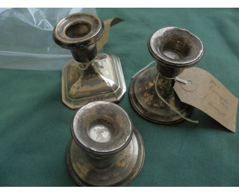 3 small silver candlestick holders (damaged) 1 pair Birmingham 1912 and single Birmingham 1914