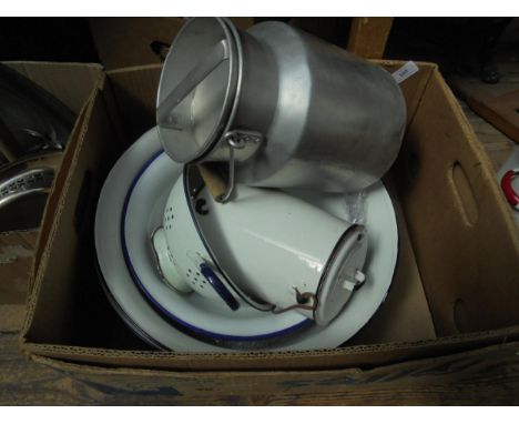 Selection of old enamel ware bowls and containers 