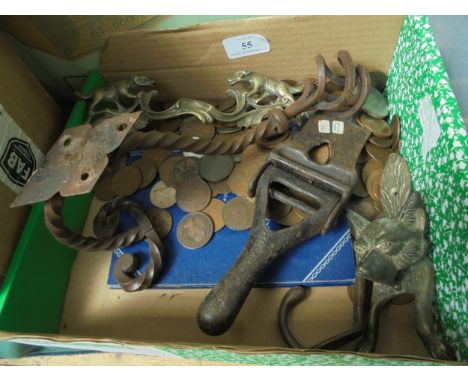 Large selection of old pre-decimal coinage and brassware including large coat hook, trap and fox head door knocker