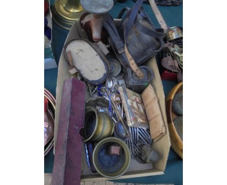 Magpie box with small weighing scales, binoculars, brass weights, plated knives, forks containers rulers and others