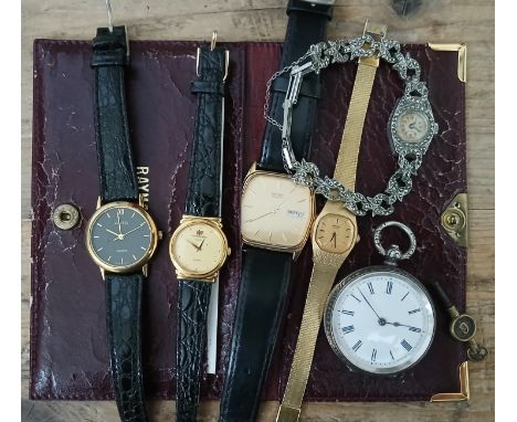 Assorted watches including a silver pocket watch, a Raymond Weil, an Art Deco marcasite cocktail watch, Seiko etc.