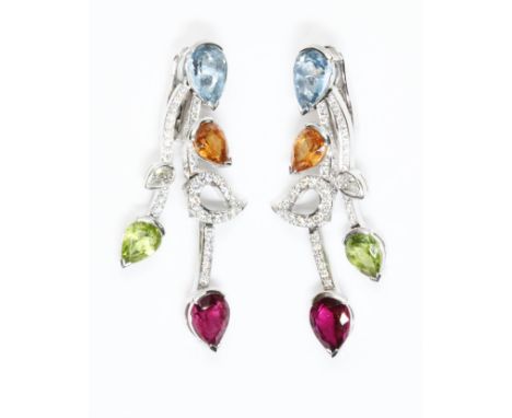 BOODLES, "Castaway" multi-gem set earrings, two articulated drops set with pear cut diamonds, aquamarine, tourmaline, peridot
