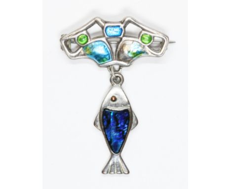 A Charles Horner and later silver enamel brooch with later fish drop, the top section hallmarked; 'sponsor 'C.H.', Chester  1