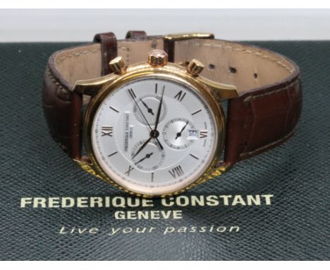 A Frederique Constant Classics gold plated quartz chronograph wristwatch, case diameter 40mm, with leather strap and box.  Co