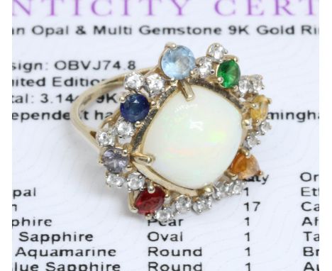 A 9ct gold Ethiopian opal cabochon and multi-gem set cluster ring, cluster 21mm x 22mm, gross weight 3.8g, size L, with Gempo