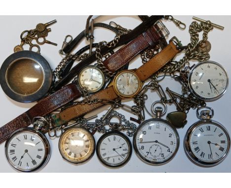 A box of assorted watches comprising a GSTP CYMA, two ladies hallmarked silver pocket watches, two Ingersoll and a Sekonda po