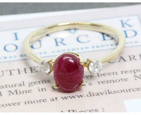 A 9ct gold Greenland ruby and Canadian diamond ring, gross weight 1.2g, size J, with Fire Under Ice and Diavik authenticity c