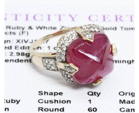A 9ct gold Malagasy ruby and white zircon cluster ring, the cluster measuring approximately 9mm x 9mm, gross weight 5.3g, siz