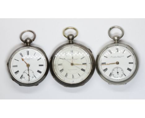A group of three hallmarked silver pocket watches comprising a centre seconds chronograph, a Lancashire Watch Co Ltd and a Ja