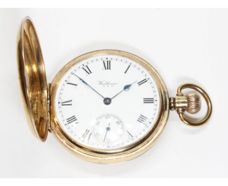 A 9ct gold full hunter pocket watch, white enamel dial signed Waltham USA, 15 jewel crown wind and adjust movement, case hall