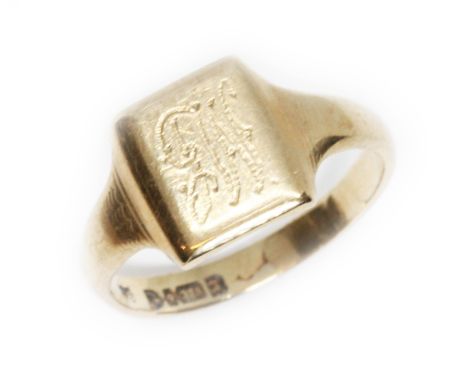 A 9ct yellow gold signet ring, sponsor 'JS', Chester 1950, weight 3.5g, size R.  Condition - good, general wear only.