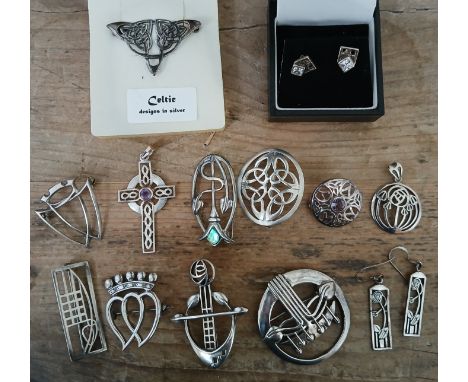 Assorted Scottish and Celtic silver jewellery including Mackintosh style jewellery.  
