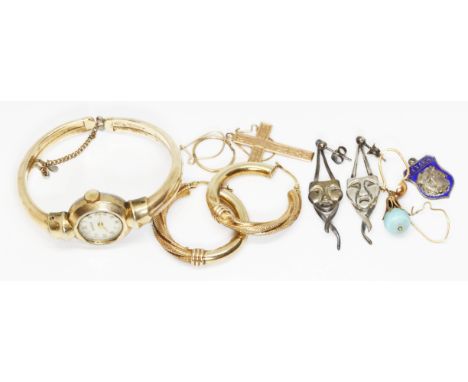 A mixed lot of jewellery including a pair of earrings marked '375' and a cross marked '9ct', weight 5g, a gold plated bangle 