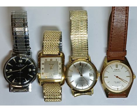 A group of four mechanical wristwatches comprising a Fleurief pilots style watch, a gold plated Rotary tank style watch, a go