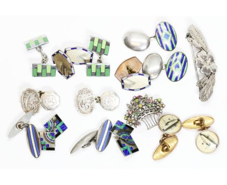 A parcel of assorted cufflink including hallmarked silver and two vintage brooches.  