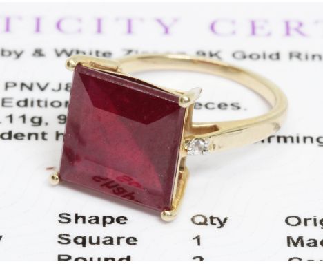 A 9ct gold Bemainty ruby and white zircon ring, gross weight 3.5g, size J, with Gemporia certificate.&nbsp;Condition - good, 