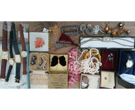 A box of assorted antique, vintage and modern costume jewellery including yellow meta,, items marked '925', watches, pearls, 