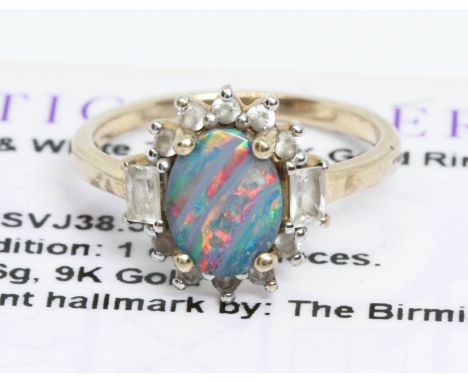 A 9ct gold opal triplet and white zircon ring, gross weight 2.2g, size J, with Gemporia certificate.  Condition - good, minor
