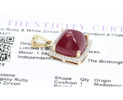 A 9ct Malagasy ruby and white zircon pendant, length 23mm, gross weight 3.9g, with Gemporia certificate.