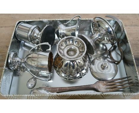 A tray of assorted hallmarked silver and a silver plated fork and spoon.  