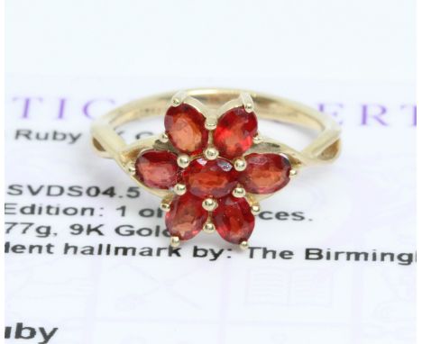 A 9ct gold Winza ruby clluster ring, gross weight 1.9g, size J, with Gemporia certificate.  Condition - good, minor wear.