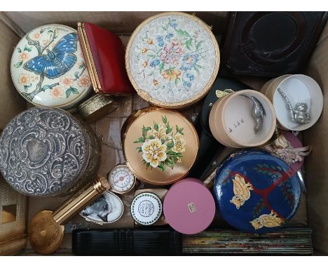 A box of mainly vintage accessories also including a hallmarked silver topped glass jar and a 19th century Bilston type ename