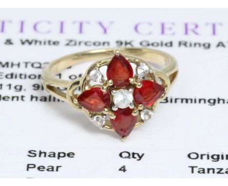 A Songea ruby and white zircon cluster ring, gross weight 2.1g, size J, with Gemporia certificate.  Condition - good, minor w